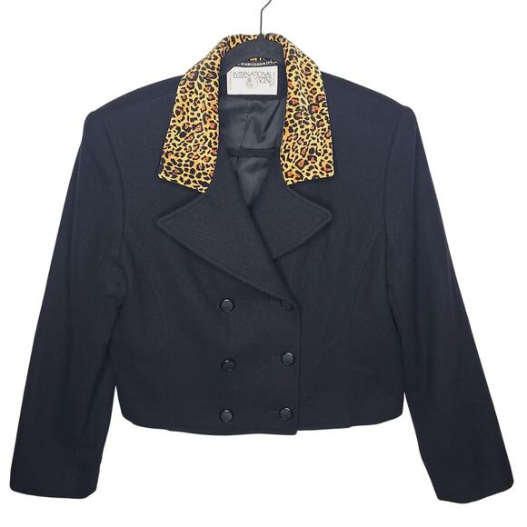 VTG International Scene Crop Blazer Jacket Leopard Collar Fran Nanny 14/L Wool - Picture 1 of 11